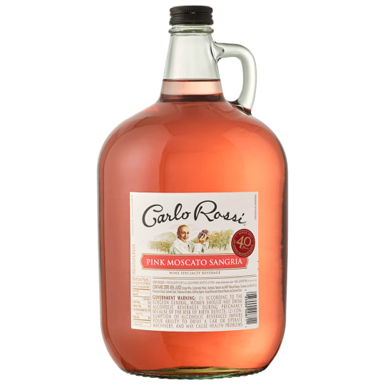 Carlo Rossi Pink Moscato Sangria - 4L - Carlo Rossi Pink Moscato Sangria is a sweet pink wine that features flavors of peach layered with sweet aromas and tropical fruits. Subtle floral notes with a hint of red fruit and citrus give the wine a pleasing finish. Enjoy chilled. For forty years, people have been enjoying Carlo Rossi’s unpretentious, fruit forward wine in a jug.