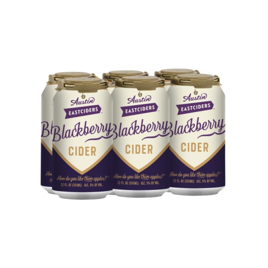 Austin Eastciders Blackberry Cider 6 x 12oz Cans - This cider uses a blend of bittersweet apples and real blackberry juice from California, Oregon, and Washington fora a sparkling, light, and fruity beverage. It’s a cobbler in a can. 5%  ABV. -Flavor: A burst of ripe blackberries, notes of mixed berry, & undertones of crisp apple with a refreshing tart finish. -Aroma: Sweet blackberry, stone fruits, strawberry -Food Pairings: Grilled Steaks, Goat Cheese, Almond Croissants, and Cheesecake