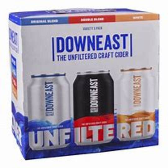 Downeast Cider Mix Pack #1 9 x 12oz Cans - Five fresh apples go into each can of this unfiltered cider. The three flavors include Original blend, Double Blend, & Drier Side. Contains 5% alcohol.