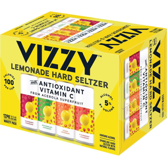 Vizzy Variety Lemonade Seltzer - 12 cans / 12oz - Introducing Vizzy Lemonade Hard Seltzer, the first hard seltzer drinks made with antioxidant vitamin C from superfruit acerola. Crafted with certified gluten-free alcohol from real cane sugar, juice, and natural flavors, Vizzy Hard Seltzers are low-carb, gluten-free drinks that contain 100 calories, 1 gram of sugar, and 5% ABV. This seltzer variety pack includes four refreshing lemon seltzer flavors: Strawberry Lemonade, Peach Lemonade, Watermelon Lemonade, and Raspberry Lemonade.
