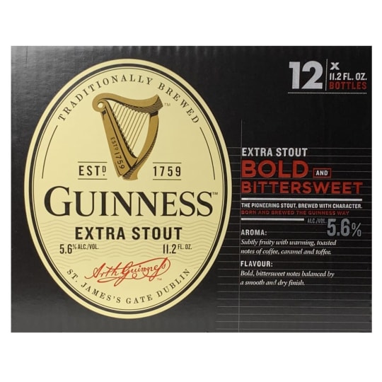 Guinness Extra Stout 12 pack Bottles - A generous percentage of roasted barley in the brew gives Guinness Extra Stout its signature clean, dry finish. This beer is carbonated, giving it more hop bite and a crispier mouthfeel. 5.6% ABV.