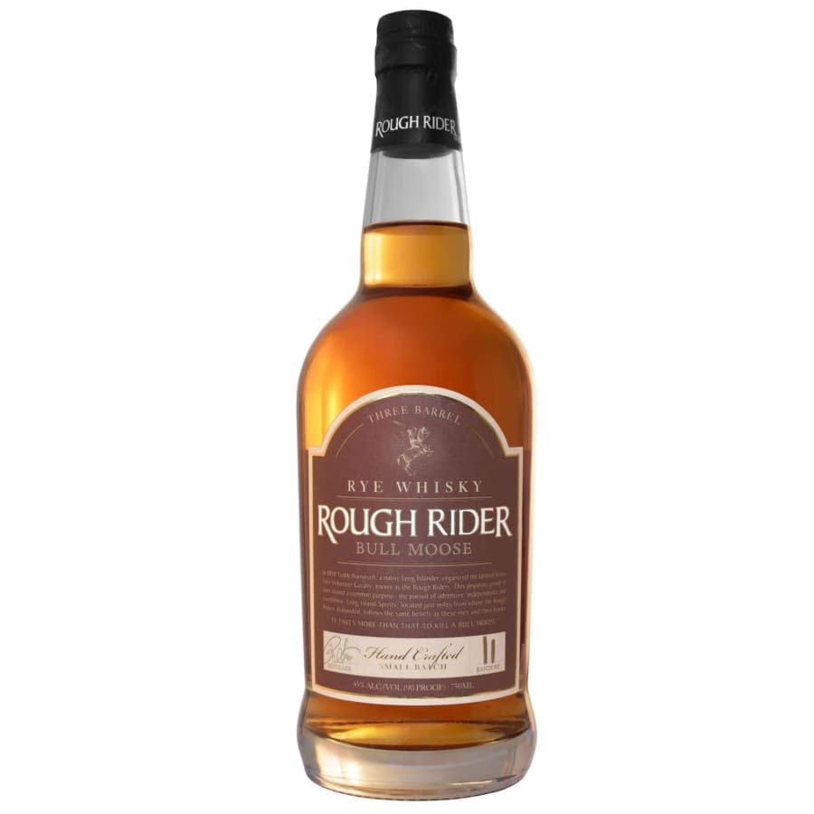 Rough Rider Bull Moose Rye 750ml - Rough Rider Bull Moose Three Barrel Rye Whisky distilled from a mash of 93% local â€œ cover cropâ€ winter rye & 7% Malted Barely, Bull Moose gains its complexity and finesse via unique three barrel aging process. From Eastern Long Island, New York.