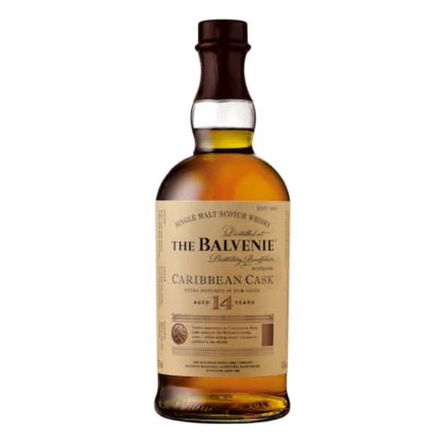 The Balvenie 14 Year Old Caribbean Cask Single Malt Scotch Whisky 750ml - The Balvenie 14 Year is an artisanal Speyside whiskey that hones every element of its craftsmanship. Remarkably, it uses a hand-turned floor malting process, after which it's aged in oak casks and finished in Caribbean rum casks.