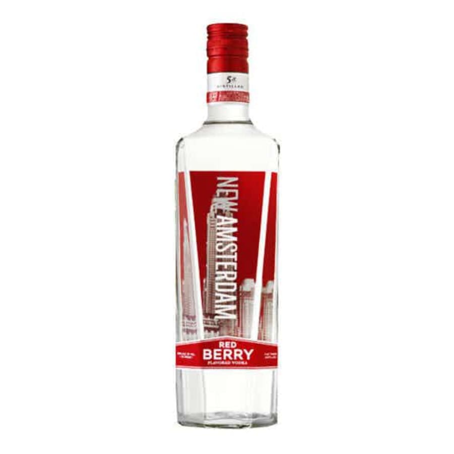 New Amsterdam Red Berry Vodka 750 ml - New Amsterdam Vodka is an avant-garde icon. This crisp, clean vodka redefines quality. In this variation,  ripe raspberries, strawberries, blackberries and boysenberries give it a unique gusto.