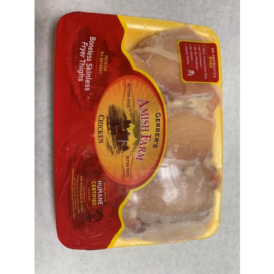 Chicken Boneless Thighs - Gerber Amish Farms. No antibiotics, no by-products, no hormones or steroids.  Ordered in 1.5 lb increments. For example, if you order a quantity of 2, you will receive 3 lb.  Price per pound is $7.19.