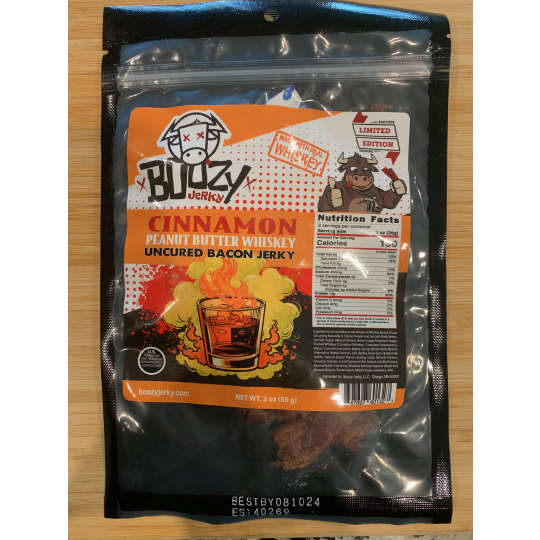 Boozy Jerky: Cinnamon Peanut Butter Whiskey Uncured Bacon Jerky - 