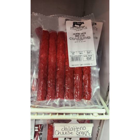 Jalapeno Cheese Stix - Clark's snack sticks make for the perfect protein snack on-the-go. Our most popular snack stix! Pepperjack cheese and jalapenos.  Ordered in 0.75 lb increments. For example, if you order a quantity of 2, you will receive 1.5 lb.  Price per pound is $11.49.