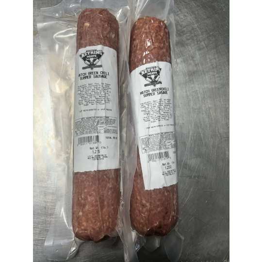 Hatch Green Chili summer sausage - 1 pound roll of green chili and pepper jack cheese combined to push flavor boundaries for summer sausage.