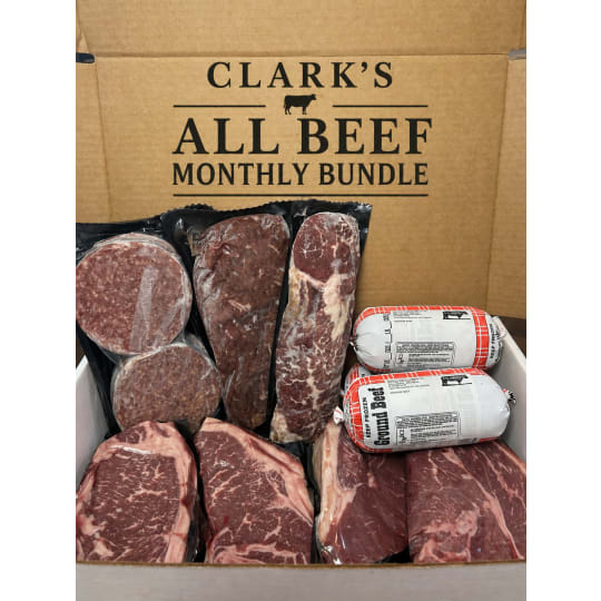 All Beef Monthly Meat Bundle - Stock up this month on all your favorite beef products!  May includes: Hamburger, Hamburger Patties, Sirloins, Kc Strips, Beef Bacon, and Shaved Beef