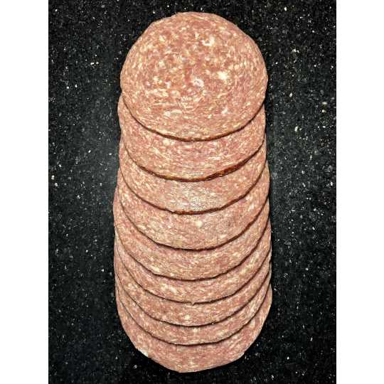 Bologna Loaf Slices - Beef + Pork  blend perfectly with savory garlicy spices to create the perfect smoked & cured bologna loaf sliced thin perfect for your sandwhices!