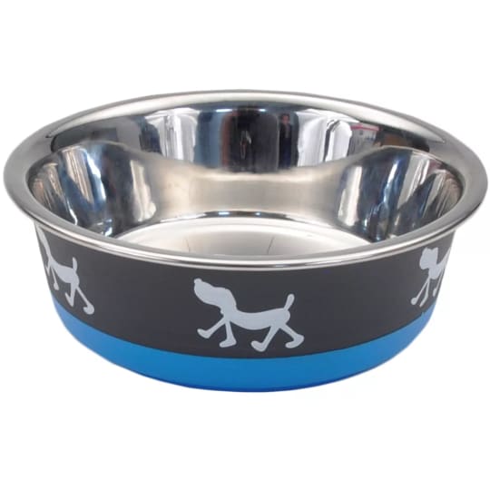 Coastal Pet Products Maslow Design Series Non-Skid Pup Design Dog Bowl - Blue and Grey - 13oz - - Keep floors clean with non-skid rubberized bottom. - Easy to clean with dishwasher safe design. - Rust-proof stainless steel. - Accommodates small, medium and large pets. - Three fun color combinations.  Keep your floors clean with the Maslow™ Design Series Pup Bowl. The bowl's colorful but functional rubberized bottom prevents messy sliding and spills with its colorful but functional rubberized bottom. The bowl's dishwasher safe, rust-proof stainless-steel design makes it easy to keep your home and pet clean. These functional dog bowls are available in three sizes to accommodate small, medium and large pets. Choose from three fun color combinations to add a pop of fun to mealtime!  Features Non-Skid. Stainless Steel.  Applications Perfect for everyday use.