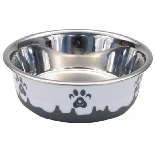 Coastal Pet Products Maslow Design Series Non-Skid Paw Design Dog Bowl - Grey and White - 54oz - - Keep floors clean with non-skid rubberized bottom. - Easy to clean with dishwasher safe design. - Rust-proof stainless steel. - Accommodates small, medium and large pets.  Prevent messy sliding and spills with the Maslow™ Design Series Paw Bowls. The non-skid rubberized bottom help keep your floors clean. The bowl's dishwasher safe, rust-proof stainless-steel design makes it easy to keep your home and pet clean. These functional bowls are available in three sizes to accommodate small, medium and large pets. Choose from three fun color combinations to add a pop of fun to mealtime!  Features Non-Skid.  Applications Perfect for everyday use.