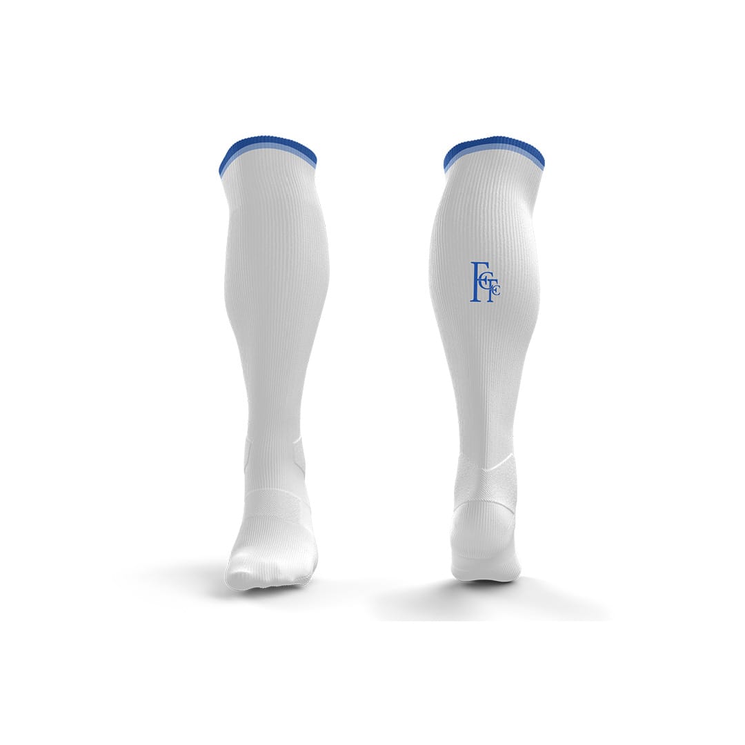 Knee-length sports socks in white with a blue accent and logo branding.