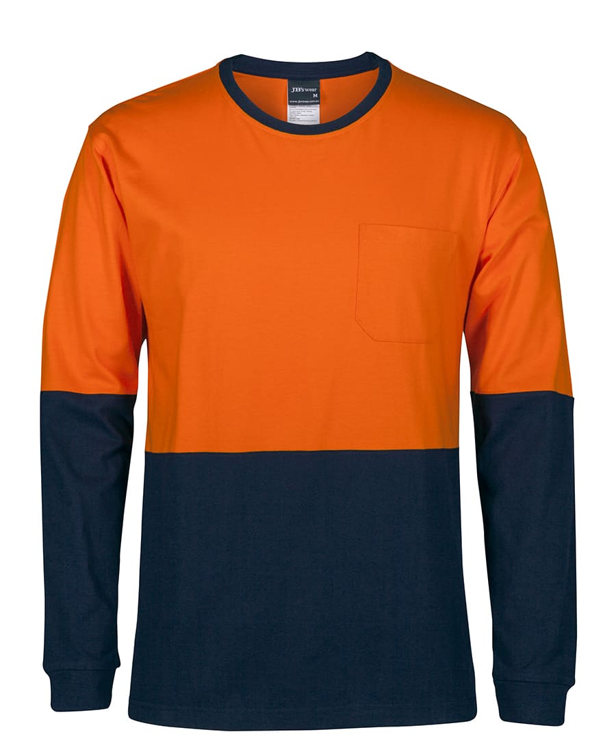 JB's Hi Vis L/S Crew Neck Cotton T-shirt - 6HVTN Image Orange/Navy
