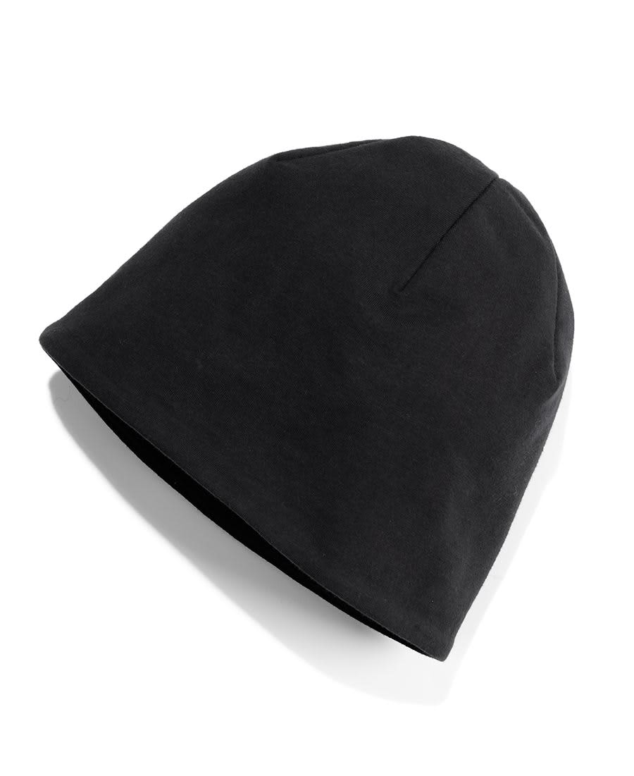 A black knitted beanie with a simple design and a snug fit, featuring a logo.