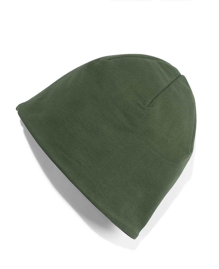A green knitted beanie displayed flat, featuring a simple design and a branding logo.