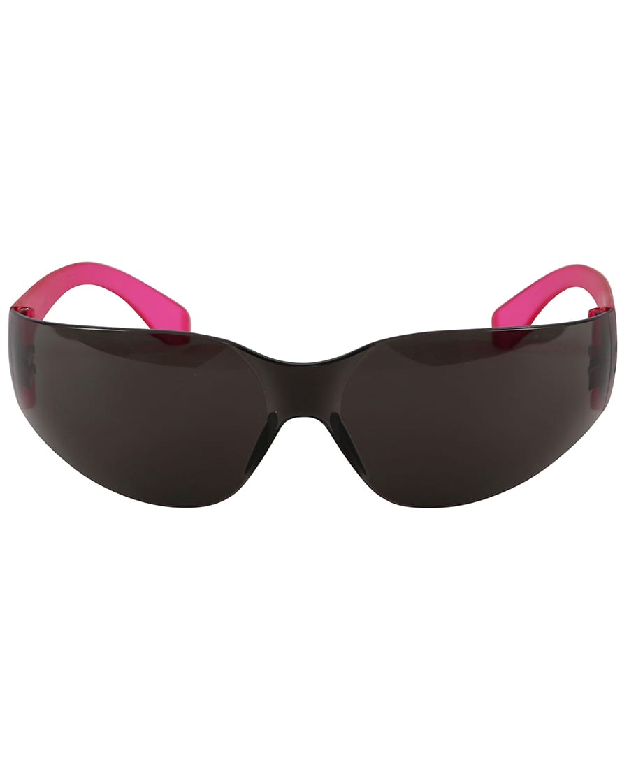 Sunglasses with a black frame and pink arms, featuring a dark lens. Includes a branding logo.