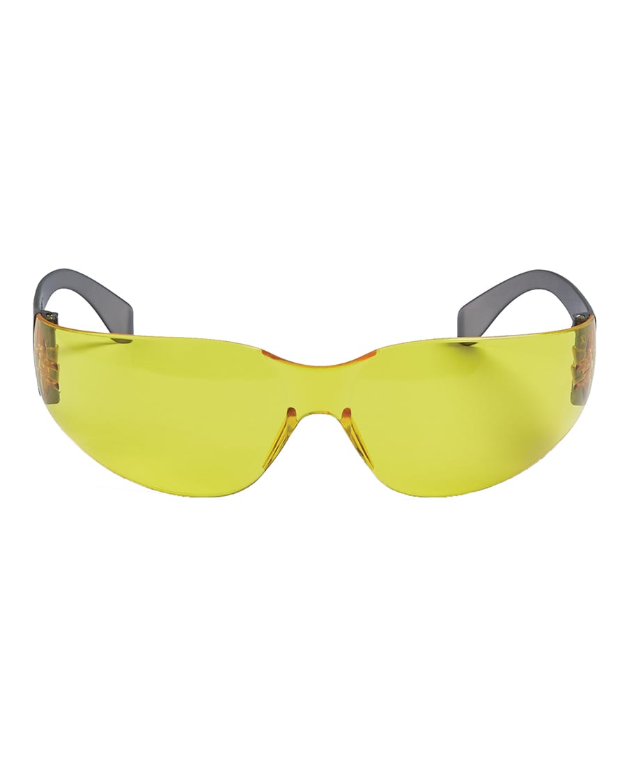 A pair of yellow sunglasses with grey arms and a logo on the side, ideal for leisure and outdoor activities.