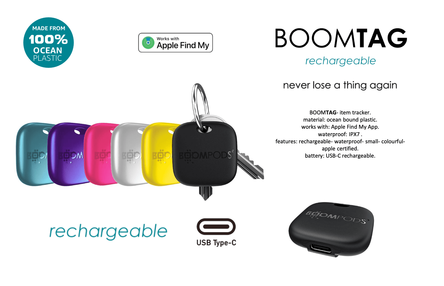 Alternative view of boomtag rechargeable tracker 'Apple & Android'