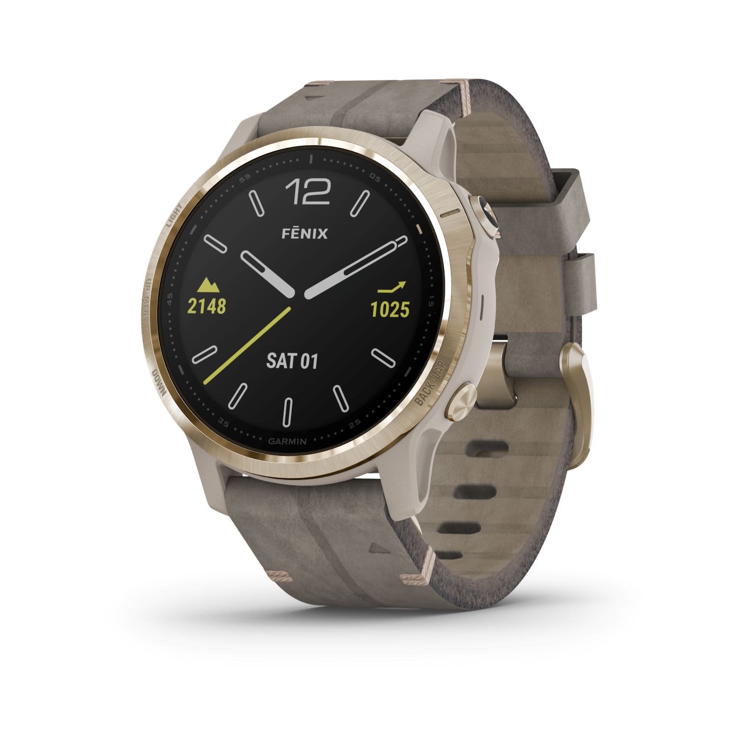 Garmin fenix 6S Pro and  Sapphire editions Light Gold-tone with Shale Gray Leather Band