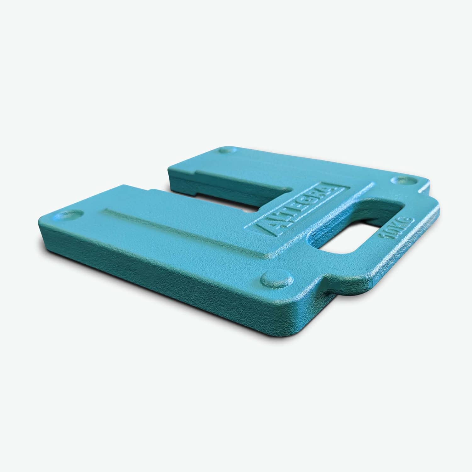 A teal 10kg gazebo leg weight with a handle for easy carrying. The design features a textured surface.