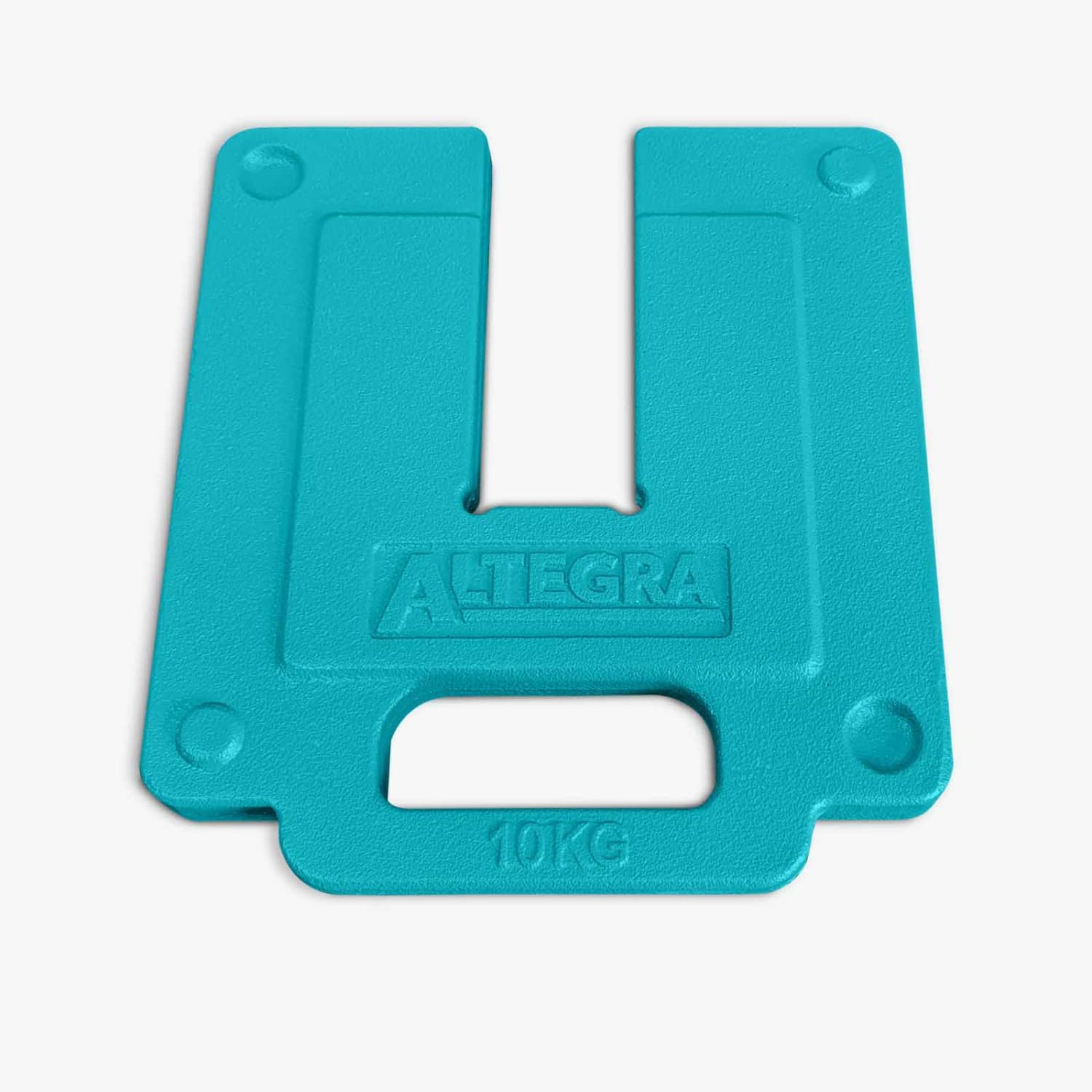 A teal 10kg weight with a U-shaped design and a cut-out handle, featuring branding on the surface.