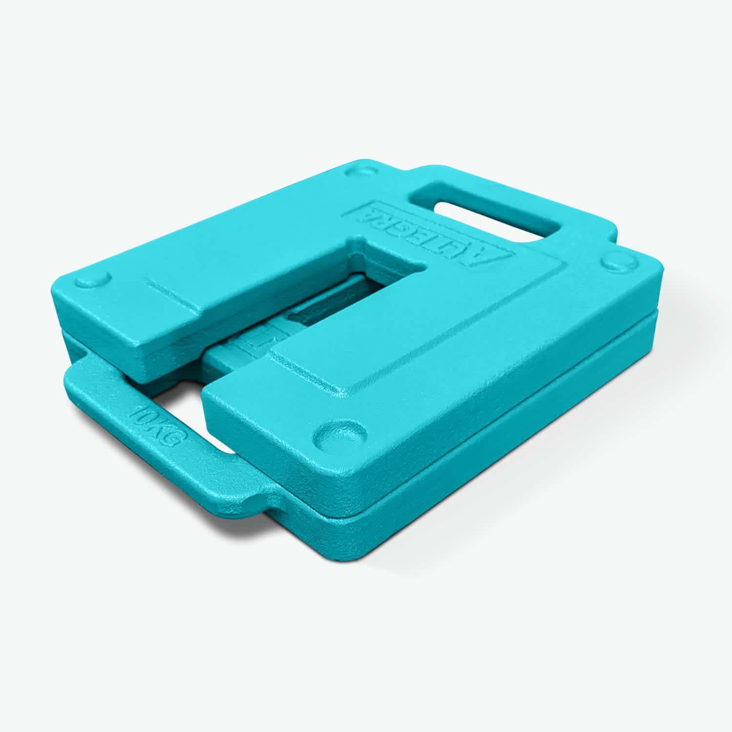 A turquoise 10kg gazebo leg weight with handles for easy carrying and a textured surface. It includes a logo.