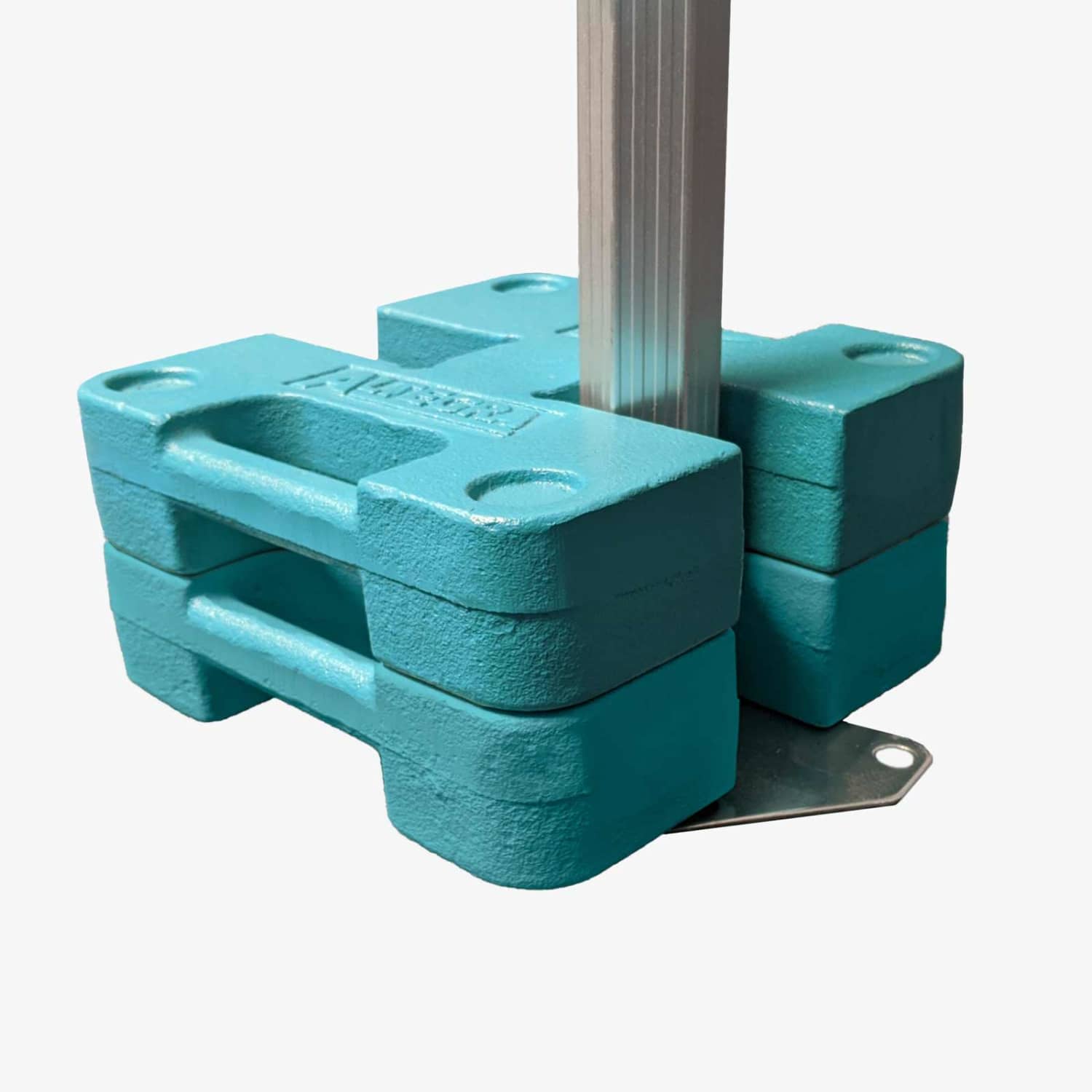 A turquoise steel marquee leg weight with a square design, featuring a logo and positioned around a pole.