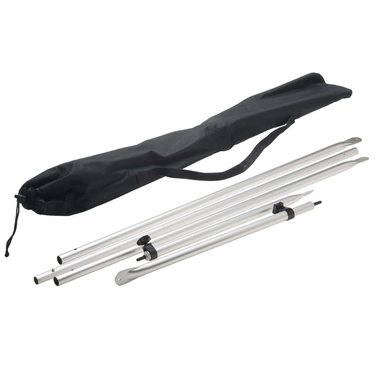A set of silver poles with a black carrying bag, designed for an awning kit.
