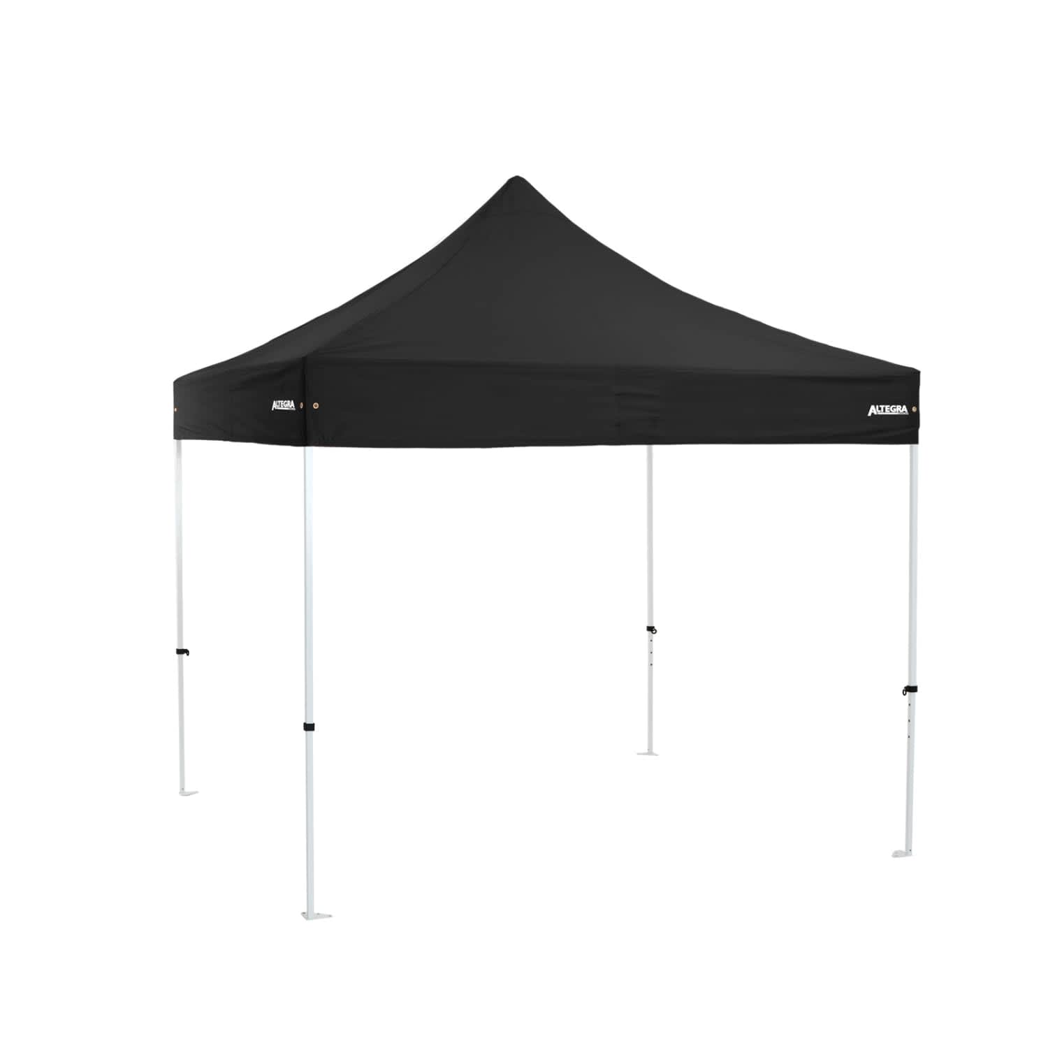 A black 3x3m premium steel gazebo with a peaked roof and white legs. It features an inconspicuous logo.