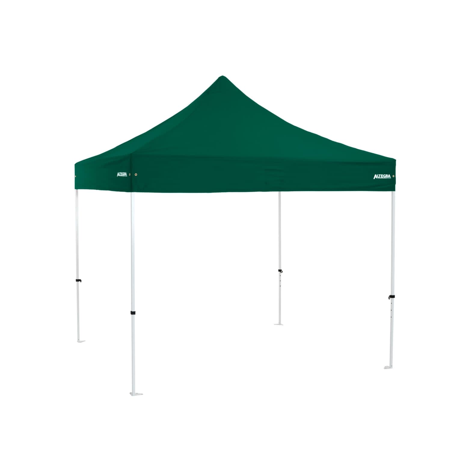 A green 3x3m premium steel gazebo with a peaked roof and white frame, featuring a logo on one side.