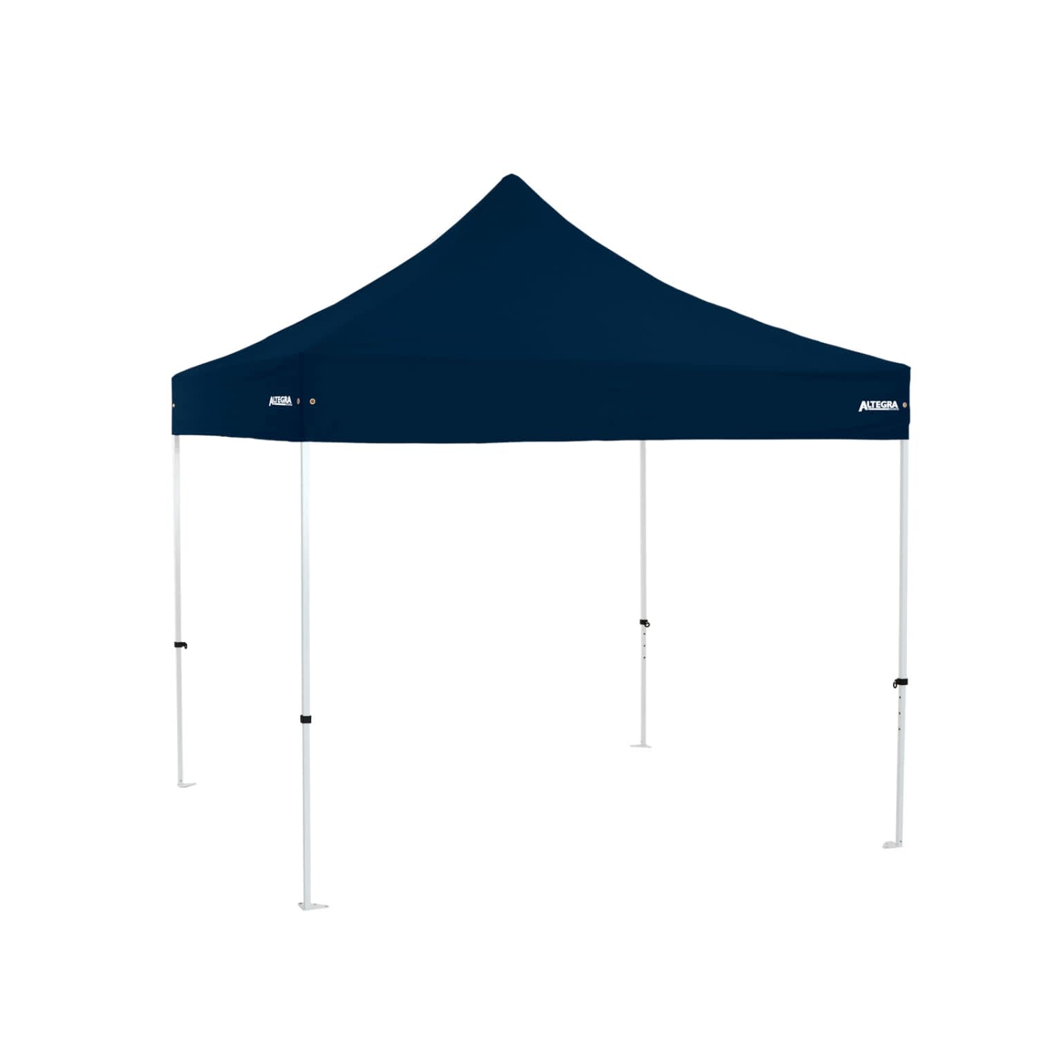 A navy blue 3x3m premium steel gazebo with a peaked roof and white legs, featuring a logo.