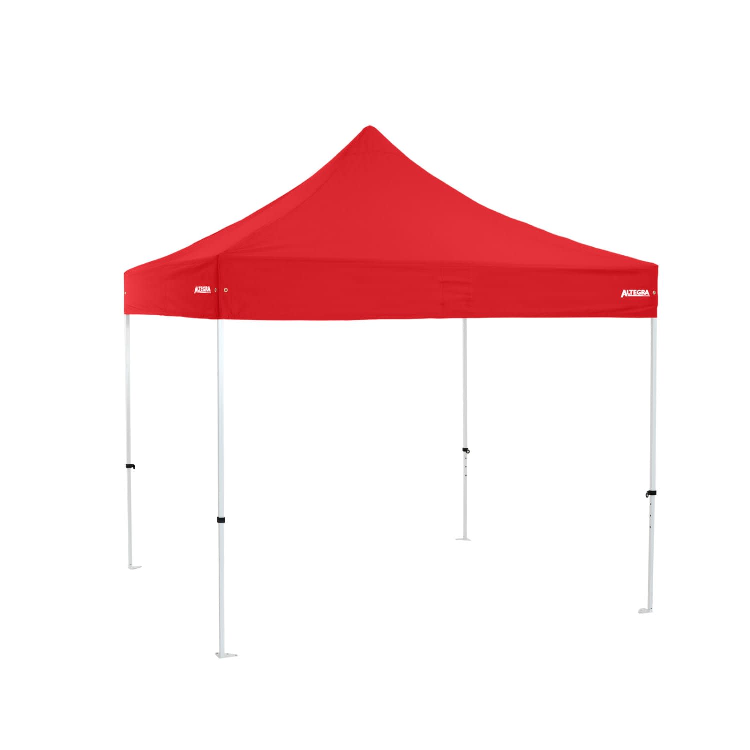 A red 3x3m premium steel gazebo with a pointed roof and white poles, featuring a logo.