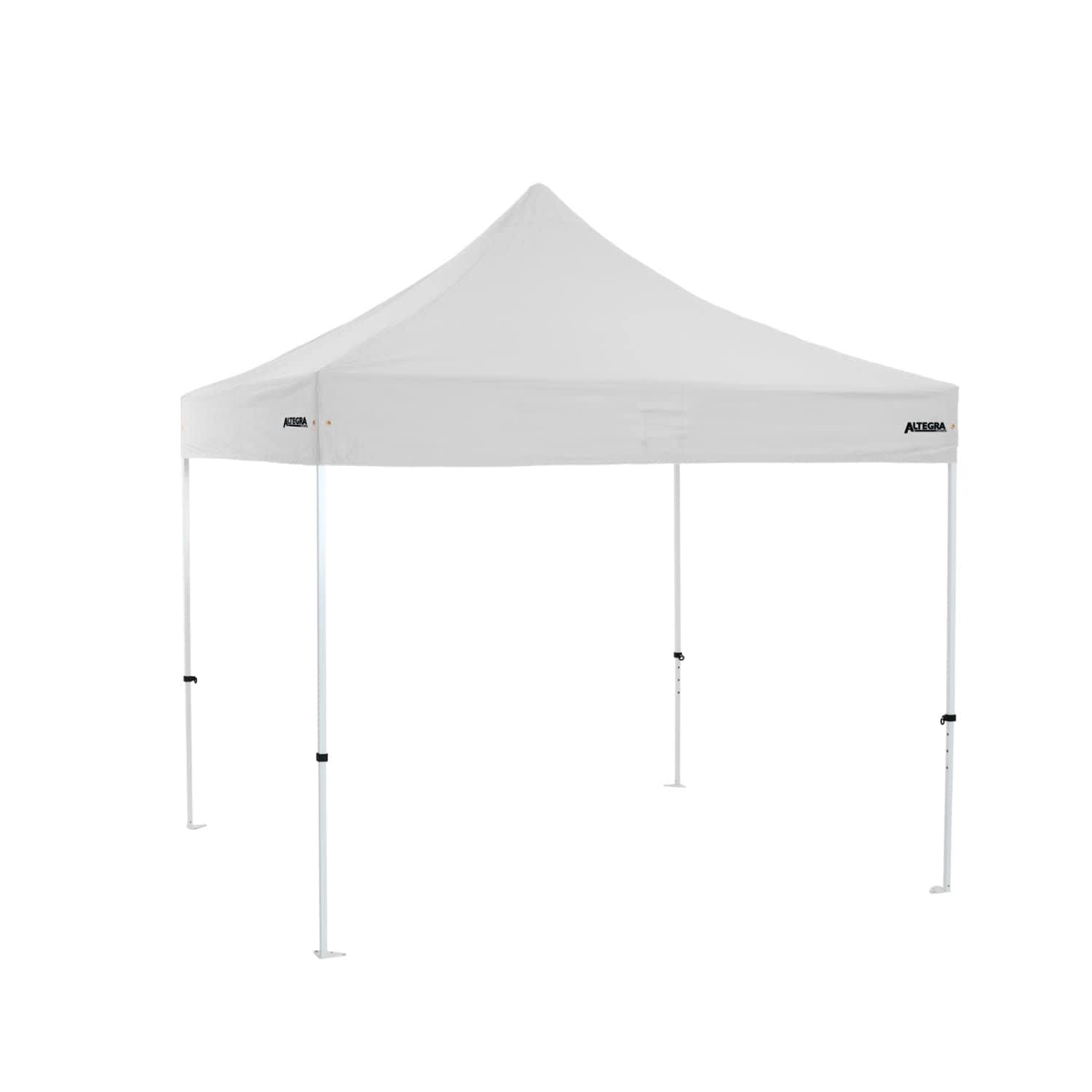 A white 3x3m premium steel gazebo with a peaked roof and adjustable legs, featuring a logo.
