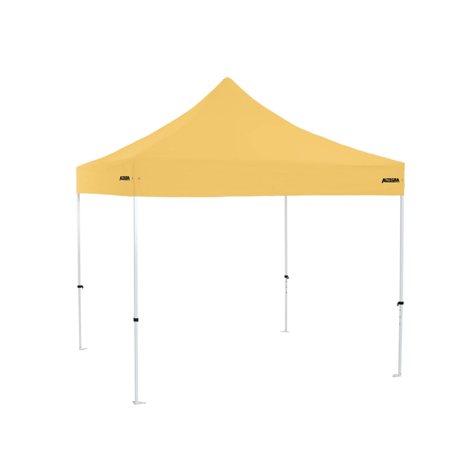 A yellow 3x3m premium steel gazebo with a peaked roof and sturdy white legs. It features a branding logo.