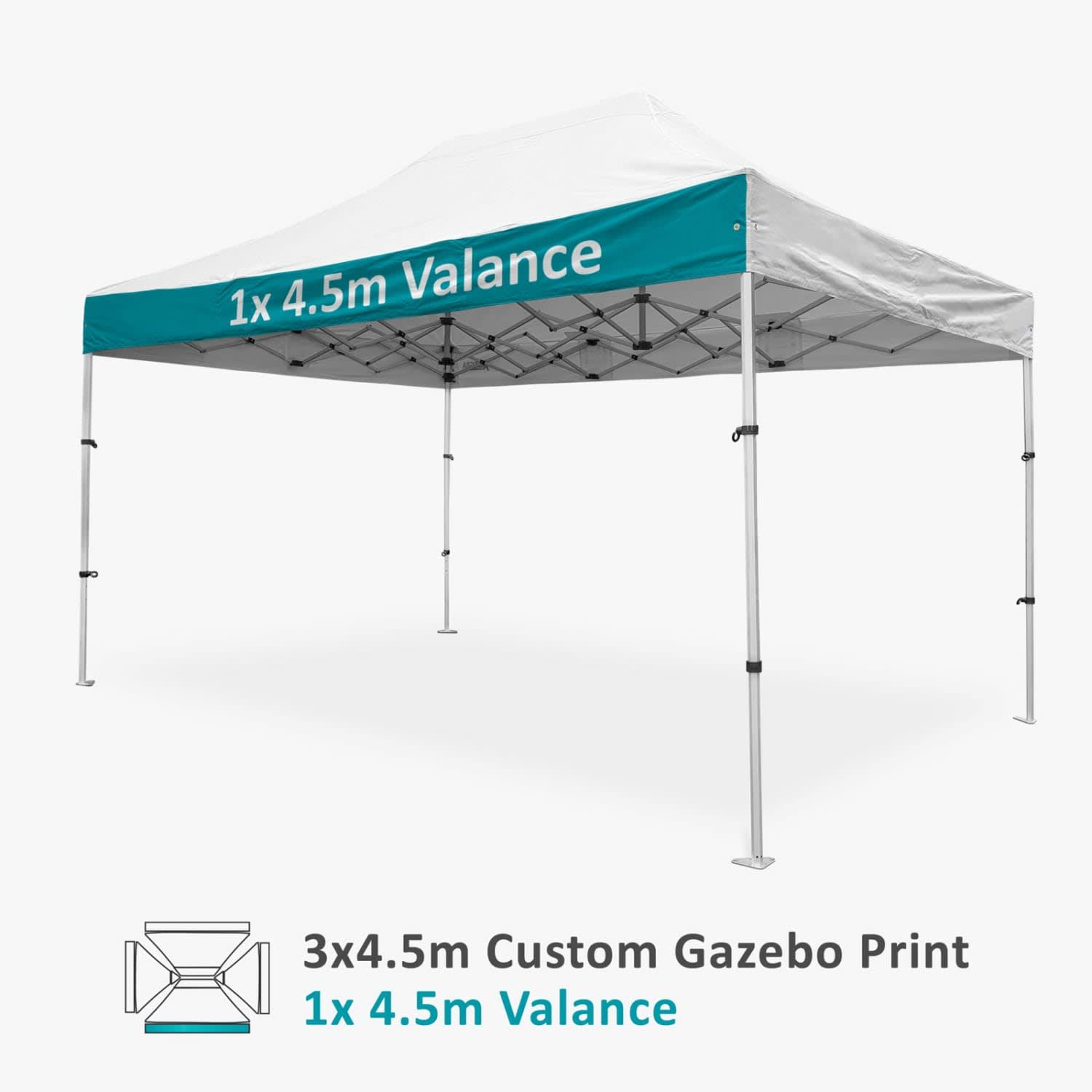 A 3x4.5m custom aluminium gazebo with a white canopy and teal valance, featuring a logo.