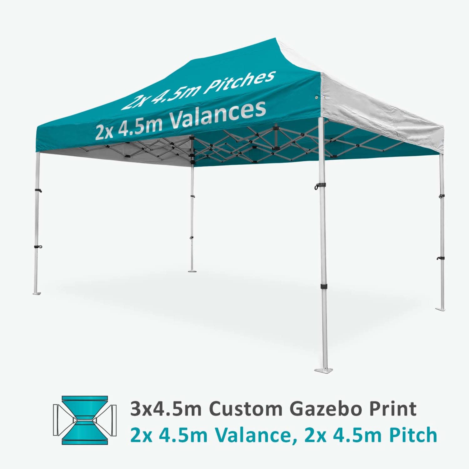 A teal and white aluminium gazebo featuring two 4.5m pitches and valances, with branding displayed.