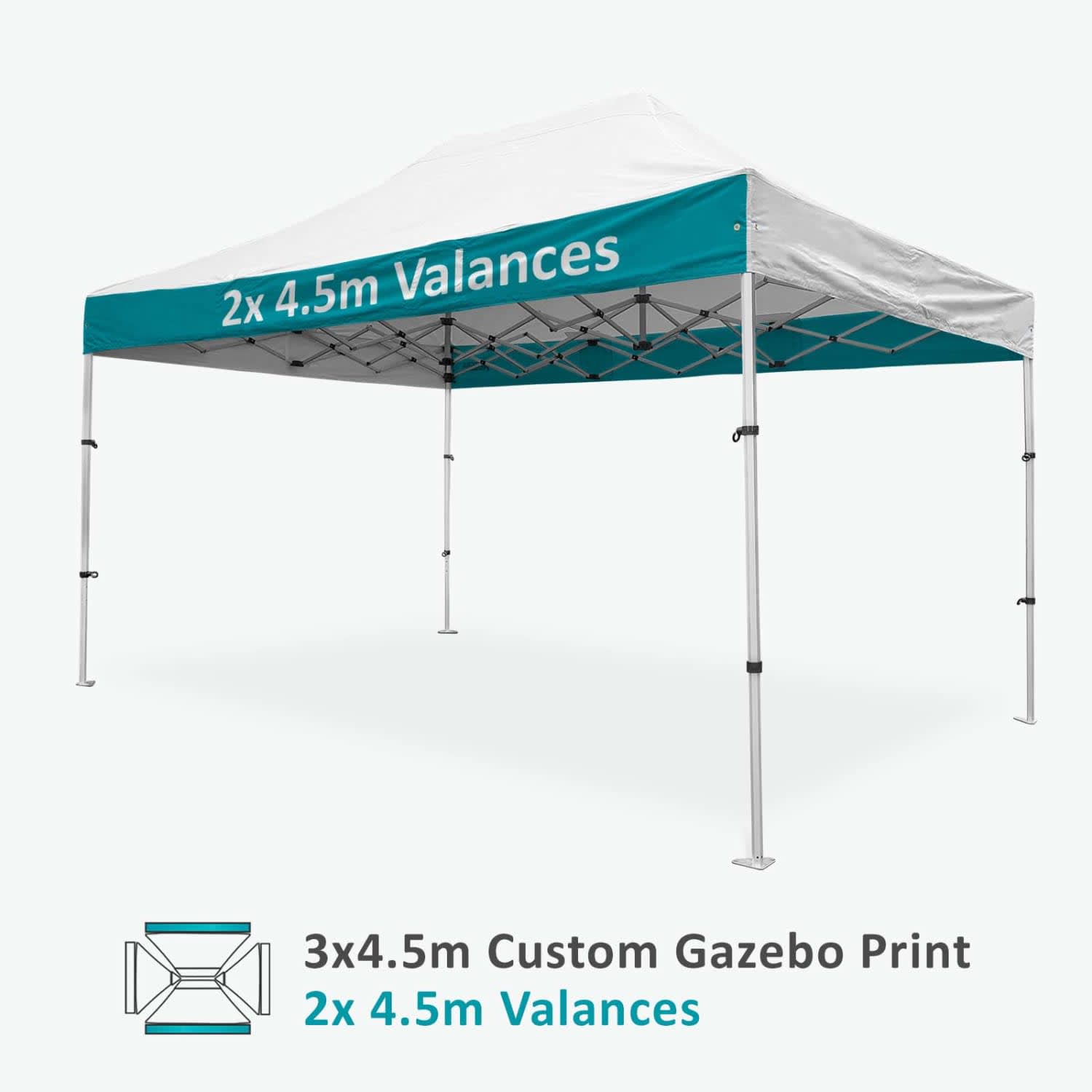 A white and teal aluminium gazebo measuring 3x4.5m, featuring two 4.5m valances. It has a brand logo on it.