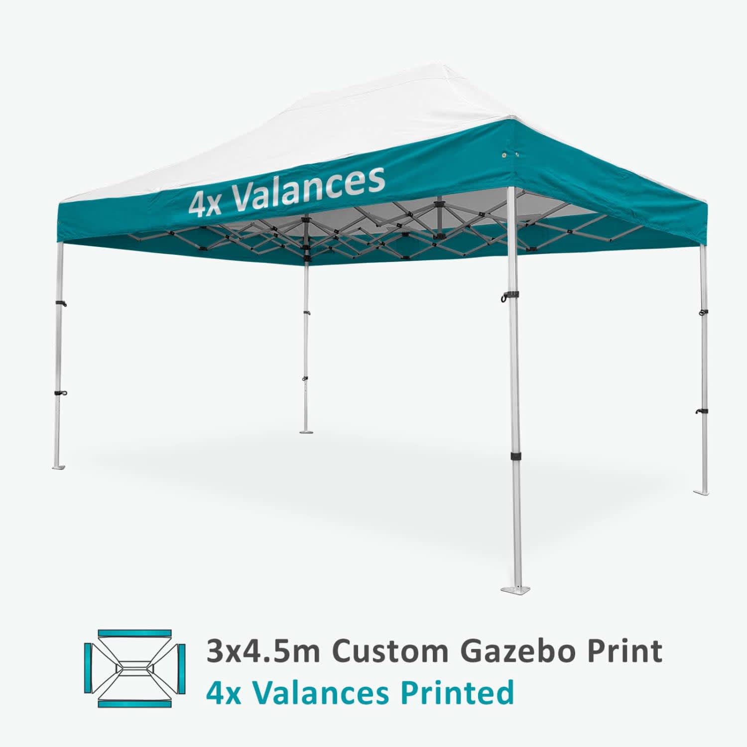 A compact aluminium gazebo, 3x4.5m, featuring a teal roof and white canopy, with a logo and four valances.