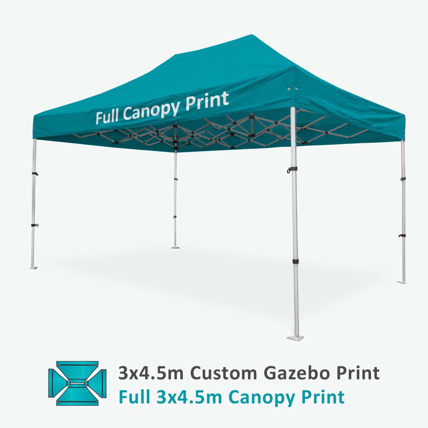A teal 3x4.5m custom aluminium gazebo with a full canopy print, featuring a structured frame and multiple supports.