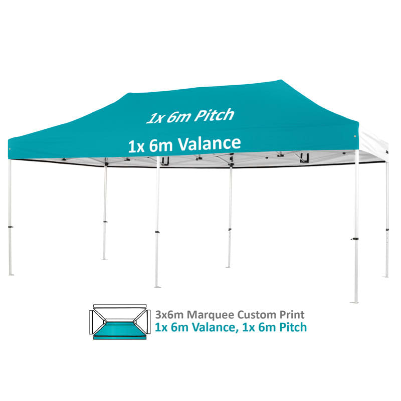 A turquoise marquee tent with a rectangular shape, featuring a white frame and a branding logo.