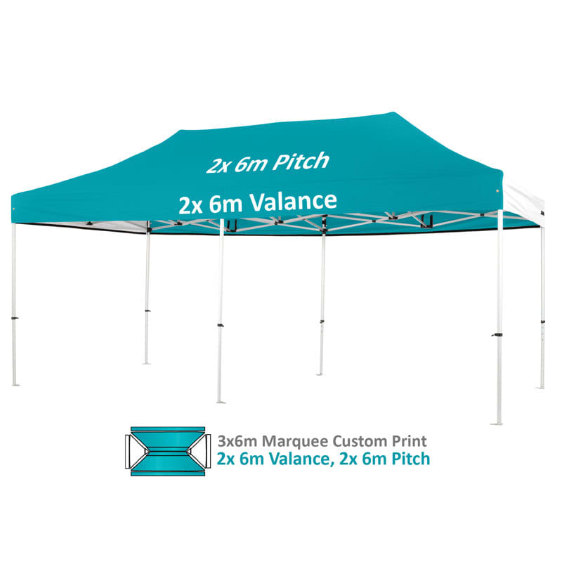 A teal 3x6m custom pro lite aluminium marquee with a white frame, featuring a valance section.