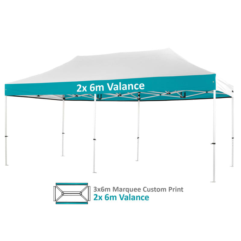 A 3x6m custom aluminium marquee in white and teal, featuring a valance and an attached logo.