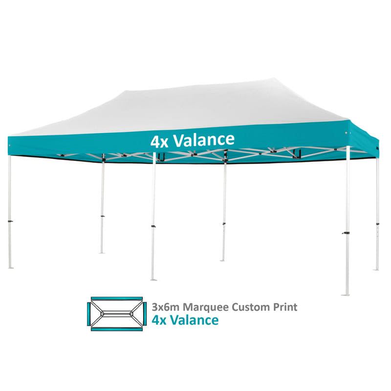 A teal and white 3x6m custom pro lite aluminium marquee with a four-valance design and a branding logo.