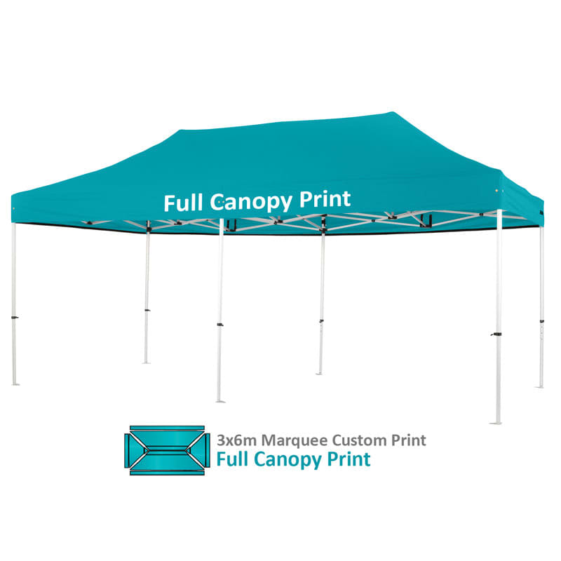 A 3x6m teal marquee with a full canopy print and aluminium frame, featuring a logo on the side.