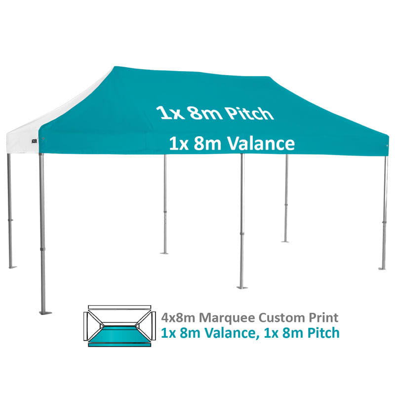 A 4x8m custom heavy duty aluminium marquee in teal with a white valance, featuring a logo.