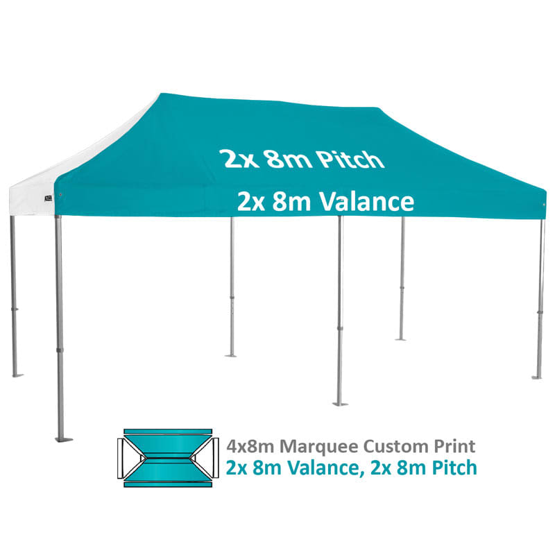 A teal custom heavy-duty aluminium marquee with two 8m pitches and 2m valances, featuring a logo.