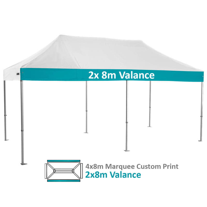 A white 4x8m heavy-duty aluminium marquee with a teal valance and metal poles, featuring a logo on the canopy.