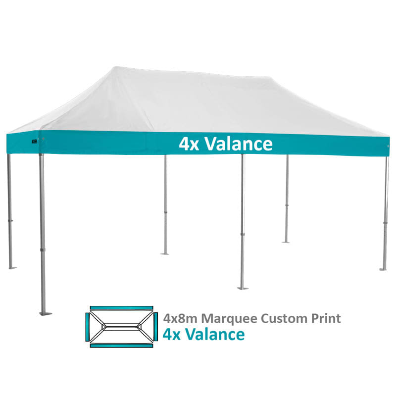 A 4x8m custom heavy-duty aluminium marquee with a white canopy and turquoise valance, featuring a logo.