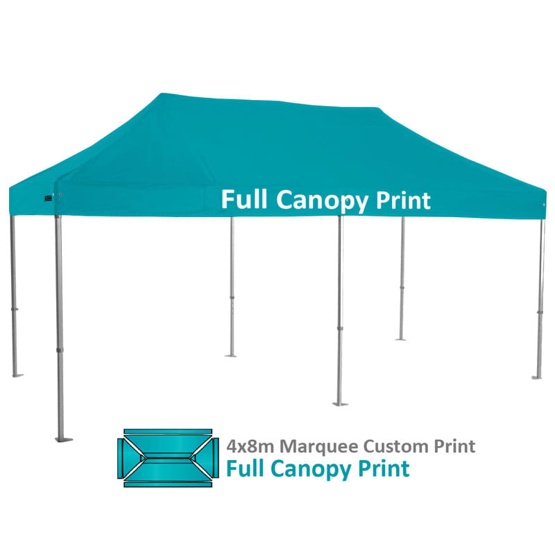 A turquoise 4x8m custom heavy-duty aluminium marquee with a full canopy print and a simple frame design.